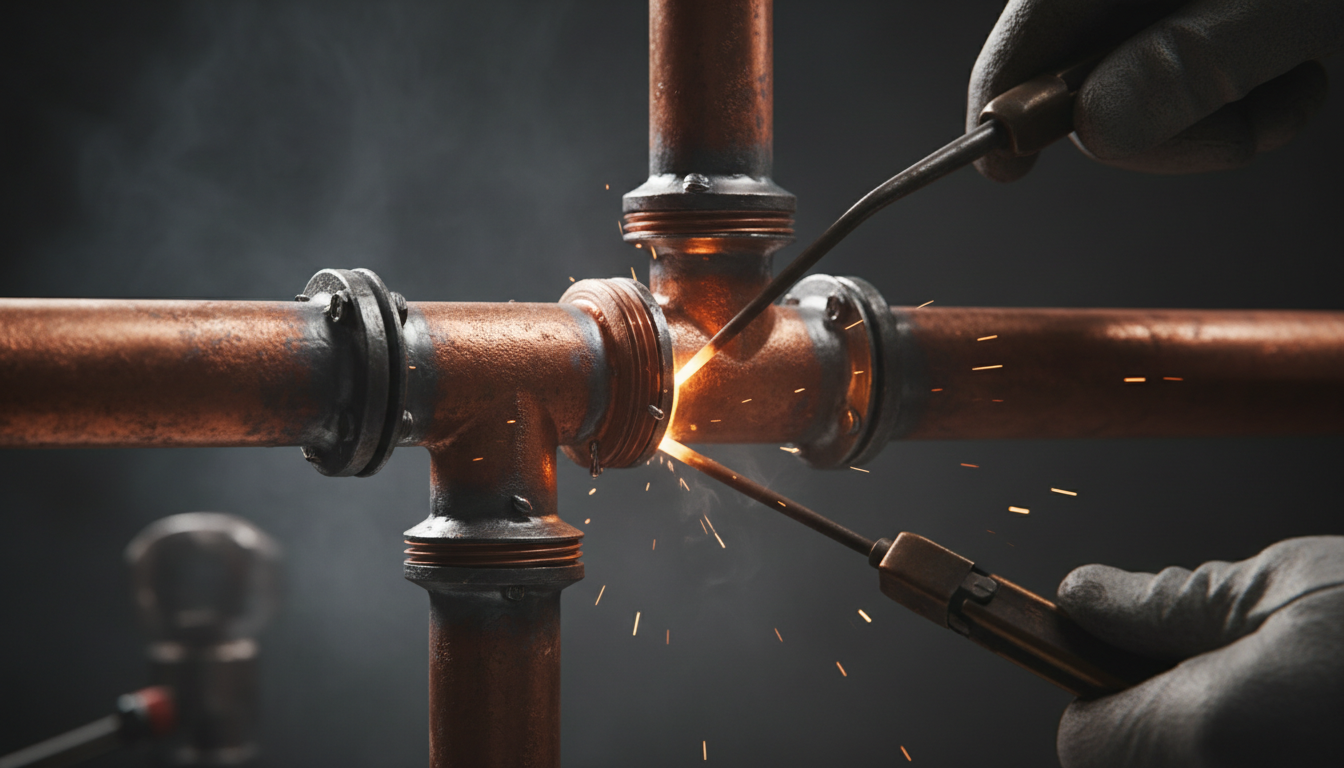 Industrial copper pipe fitting with dramatic lighting