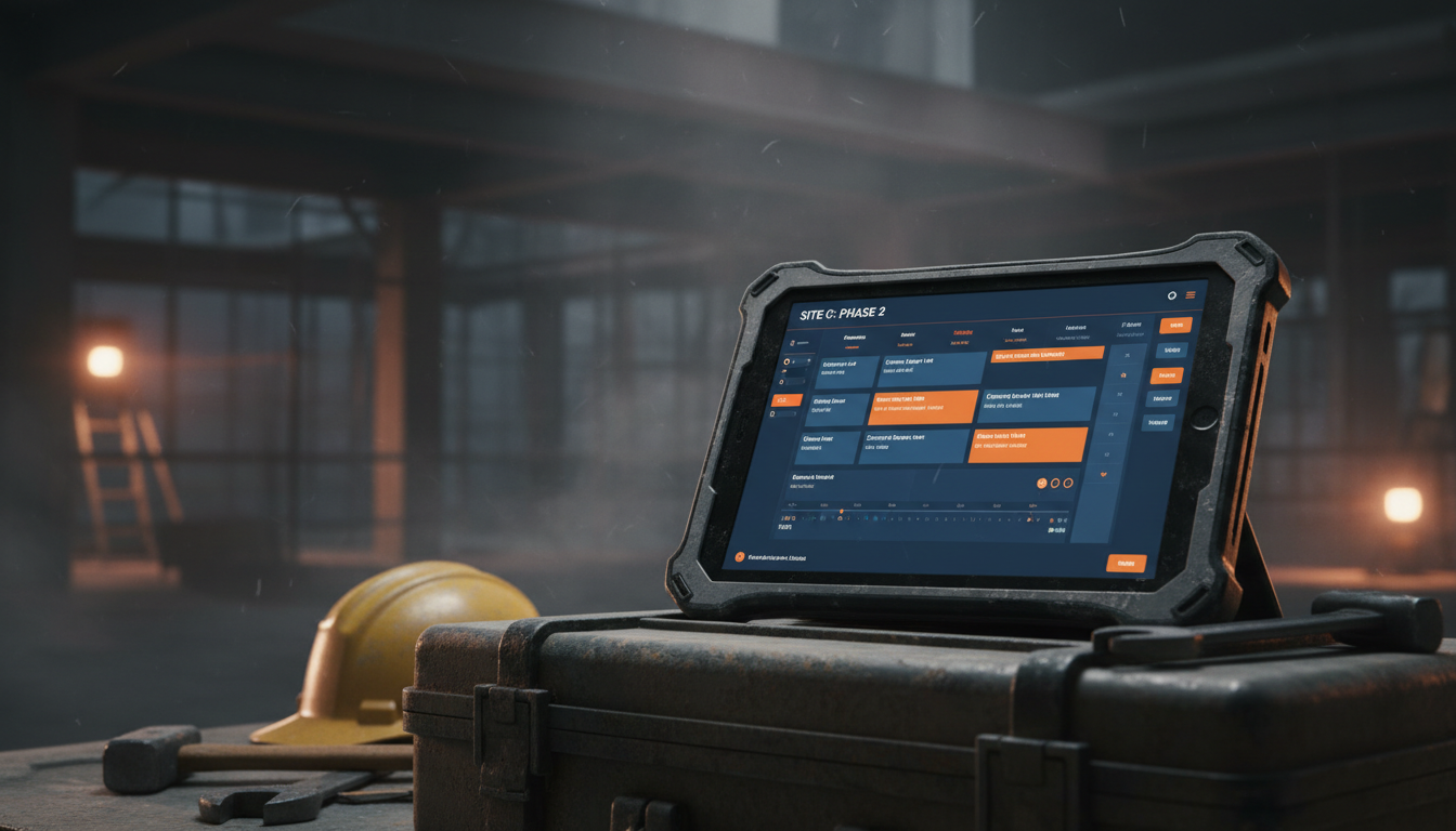 Rugged tablet on job site showing scheduling dashboard