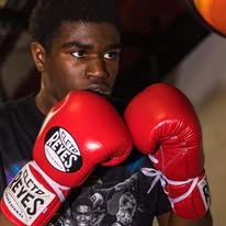 Young boxer in guard stance with red gloves