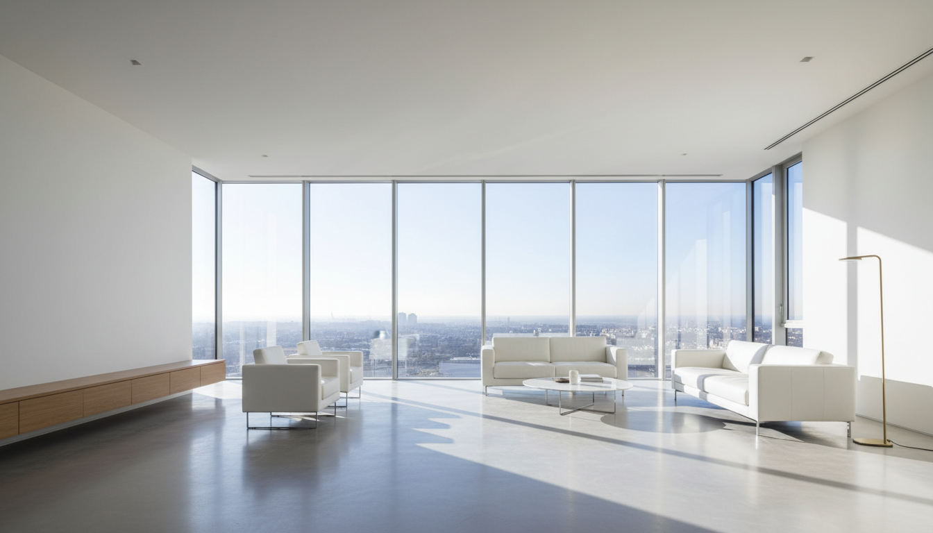 Pristine modern living space bathed in morning sunlight