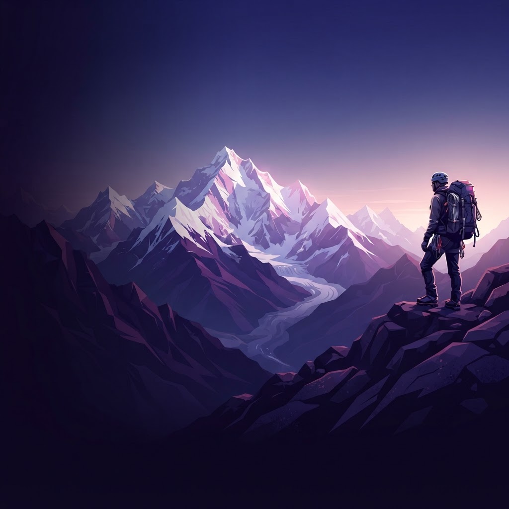 Mountaineer with backpack facing a snow-capped mountain range