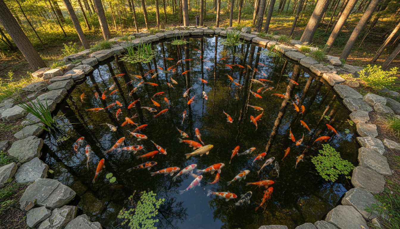 Top-down view of a serene koi pond with bright koi fish