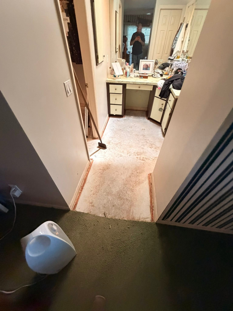 Before: Flooring installation in Lecanto FL - old carpet removed and replaced with wood-look vinyl plank
