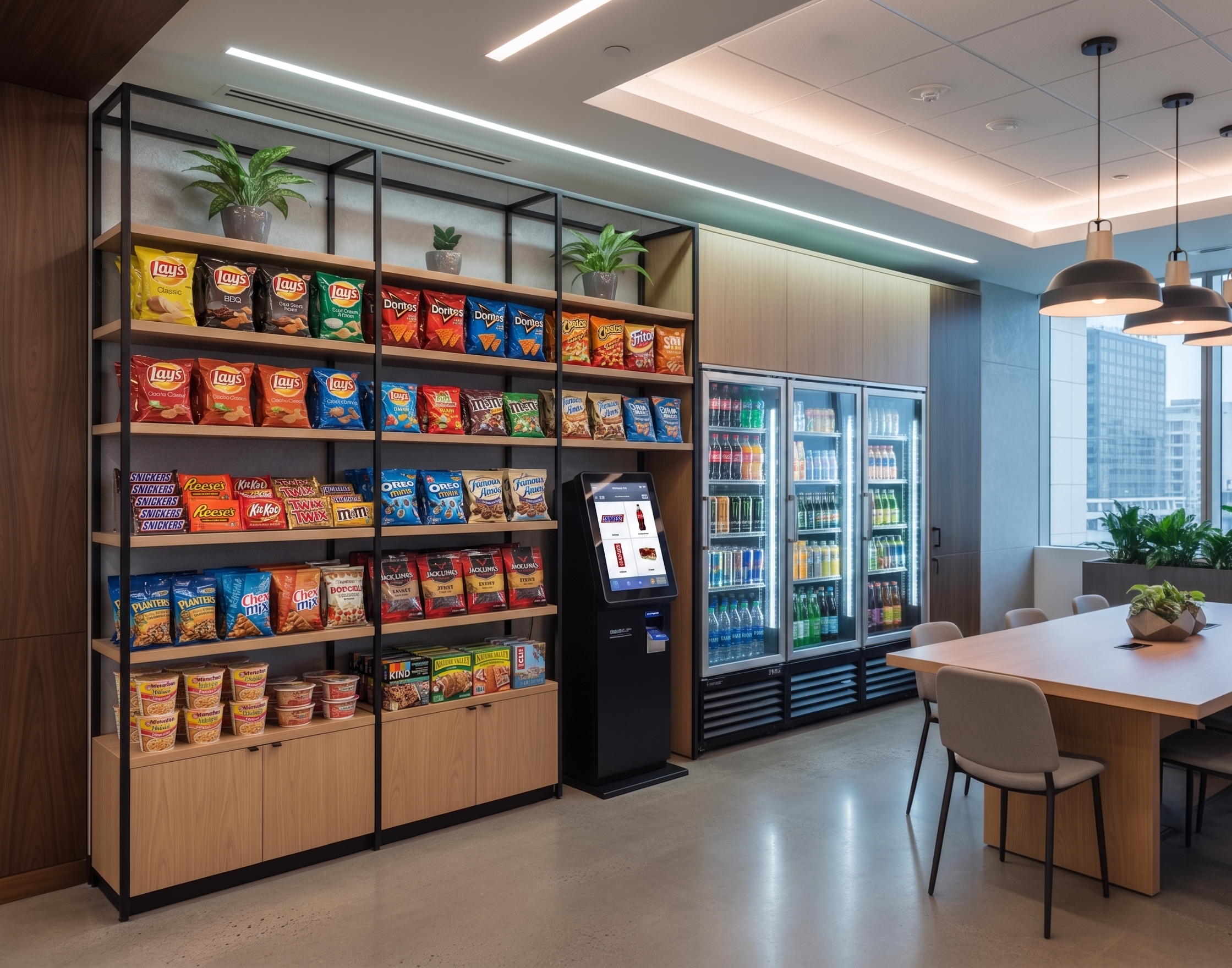 Modern micro-market setup with open shelving, coolers, and self-checkout kiosk