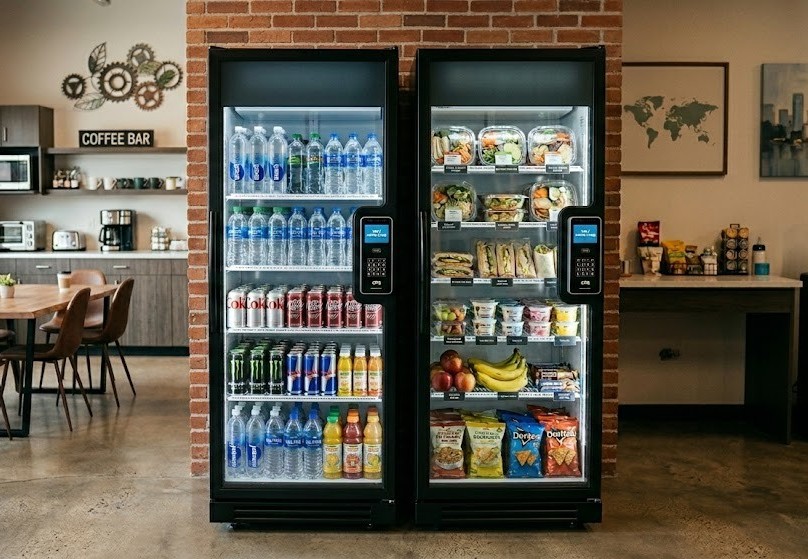 Controlled-access smart kiosk with tap-to-unlock glass doors and LED product display