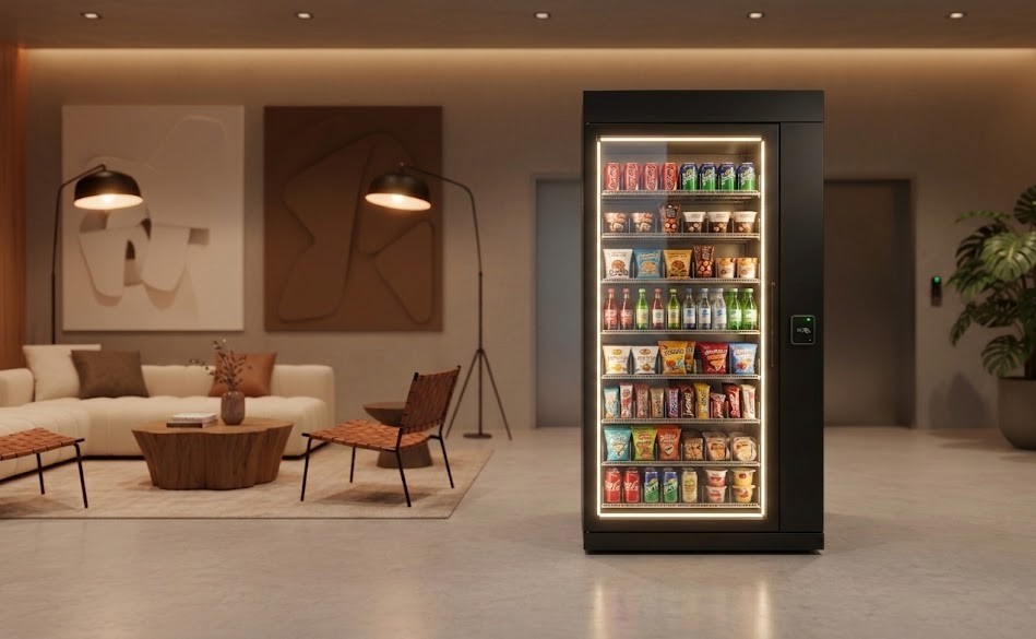 Smart vending kiosk in a modern luxury apartment lobby