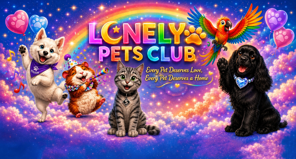 Lonely Pets Club homepage header featuring Babsy, Pip, Cash, Polly, and Candy with rainbow cloud backdrop and tagline.