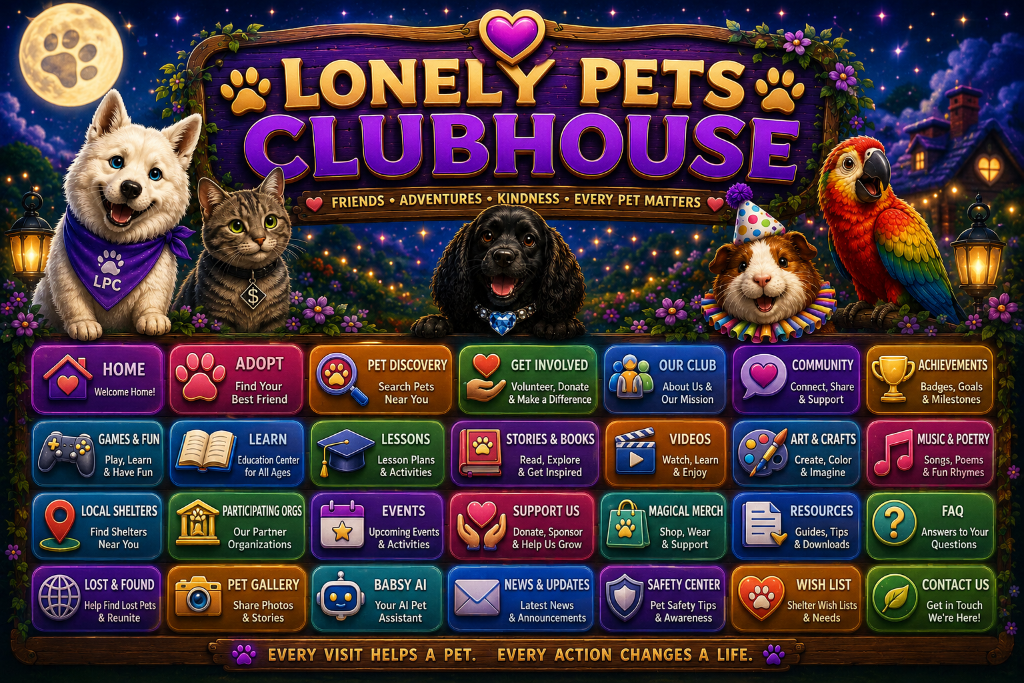 Lonely Pets Clubhouse — illustrated banner with character mascots