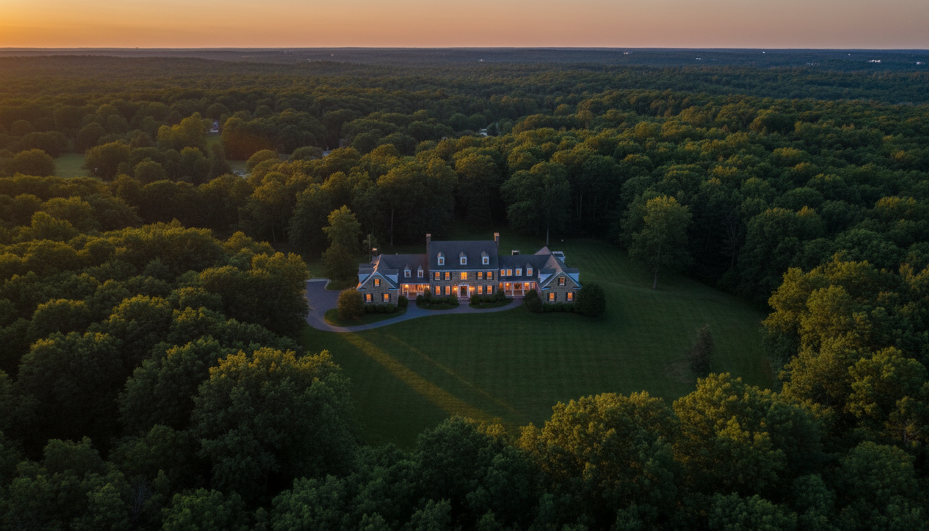 Aerial view of Middlebury Connecticut estate at twilight