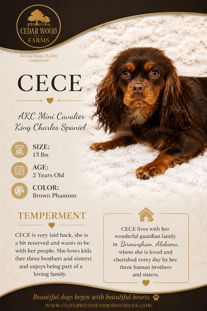 Cece — a Brown Phantom AKC Mini Cavalier King Charles Spaniel breeding mom at Cedar Wood Farms in Berry, Alabama