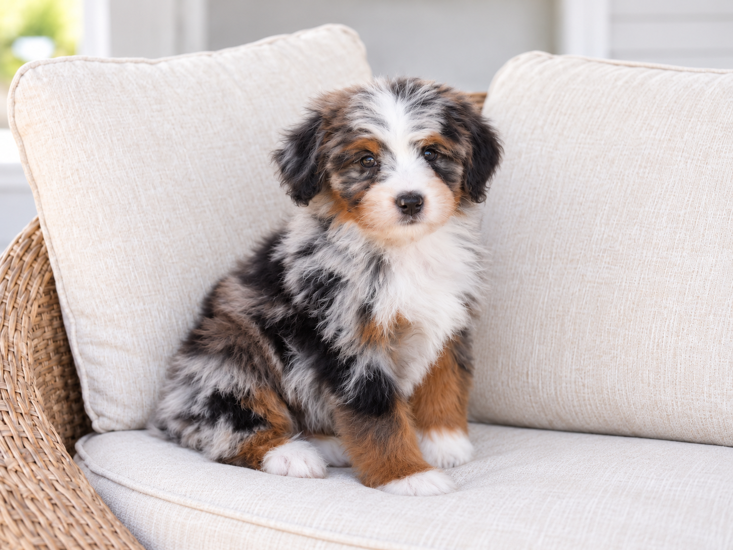 Binx — a blue merle tri Mini Bernedoodle male puppy at Cedar Wood Farms in Berry, Alabama