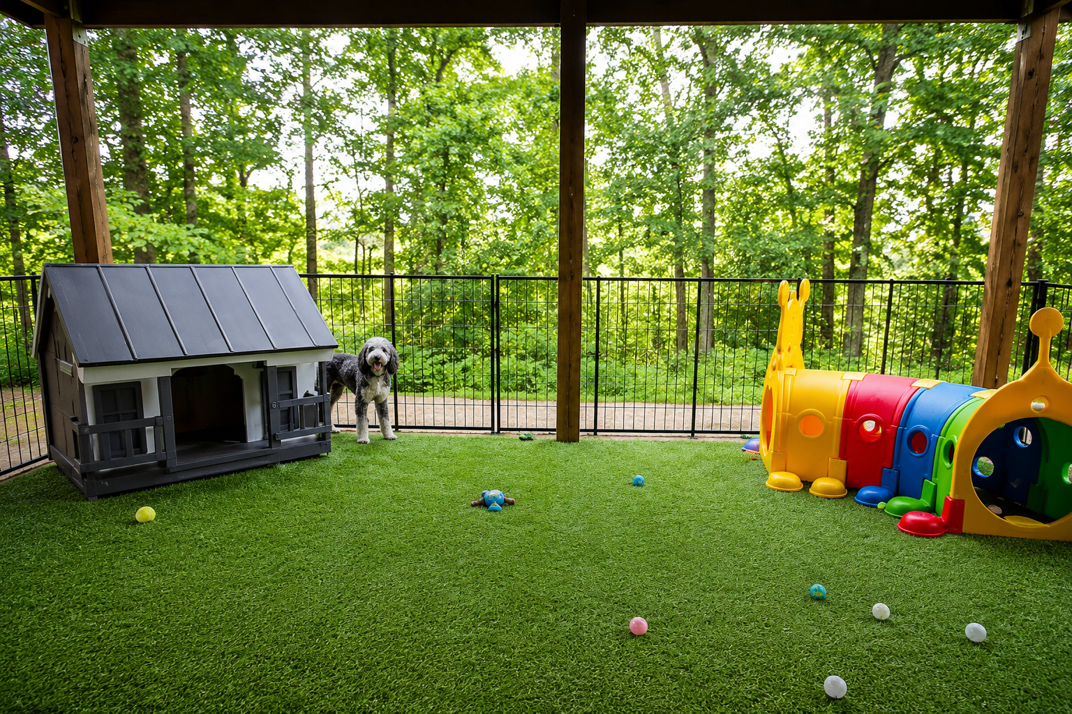 Covered outdoor play yard with turf, toys, and a Cedar Wood Farms dog house