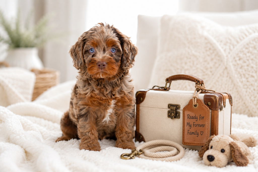 Merle Cavapoo puppy with a luggage tag reading Ready for My Forever Family at Cedar Wood Farms