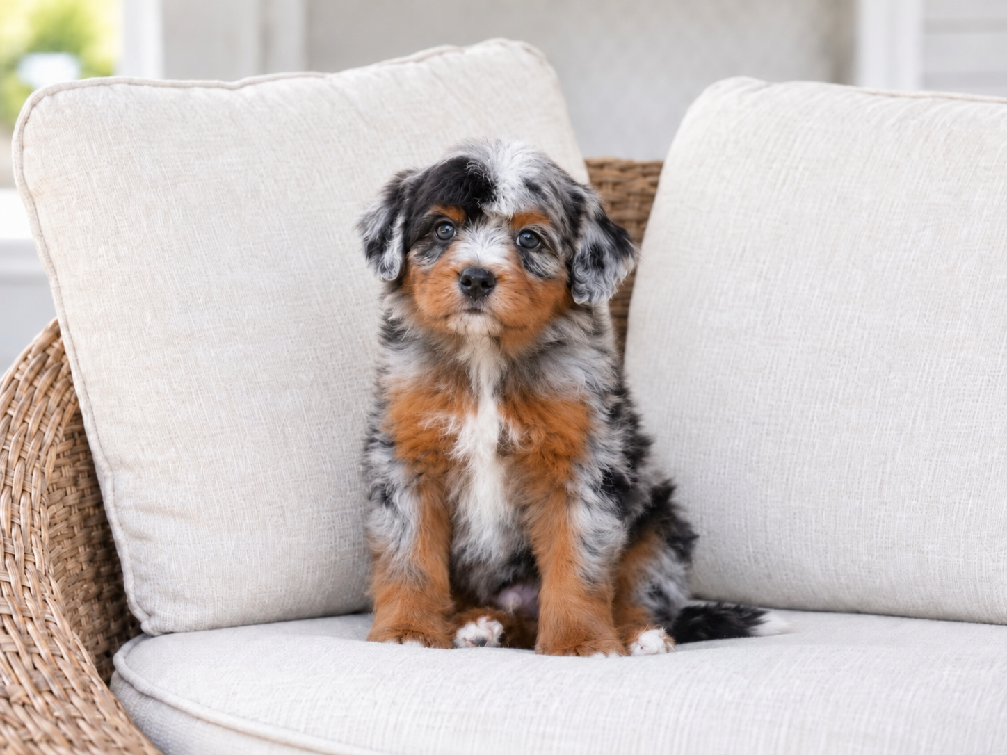 Bryson — a Blue Merle Mini Bernedoodle male puppy at Cedar Wood Farms in Berry, Alabama