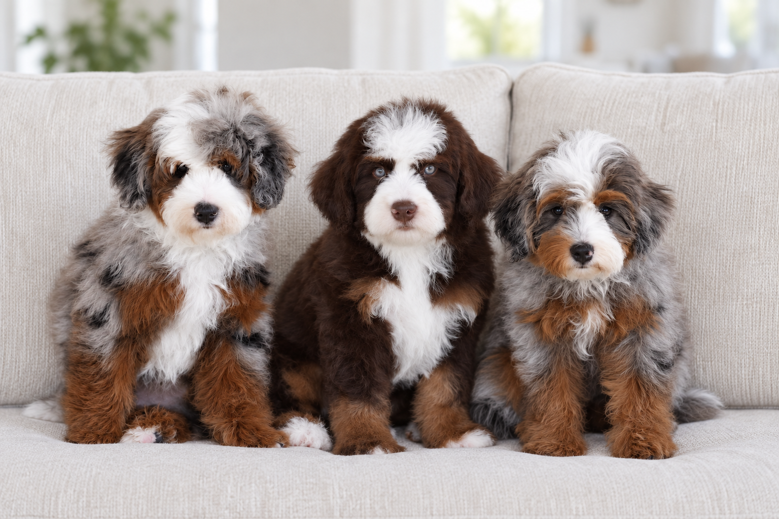 Three Bernedoodle puppies sitting on a sofa at Cedar Wood Farms