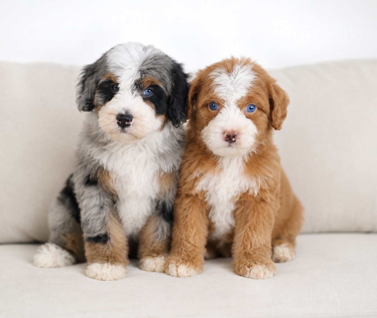 Two Bernedoodle puppies sitting side by side on a sofa at Cedar Wood Farms
