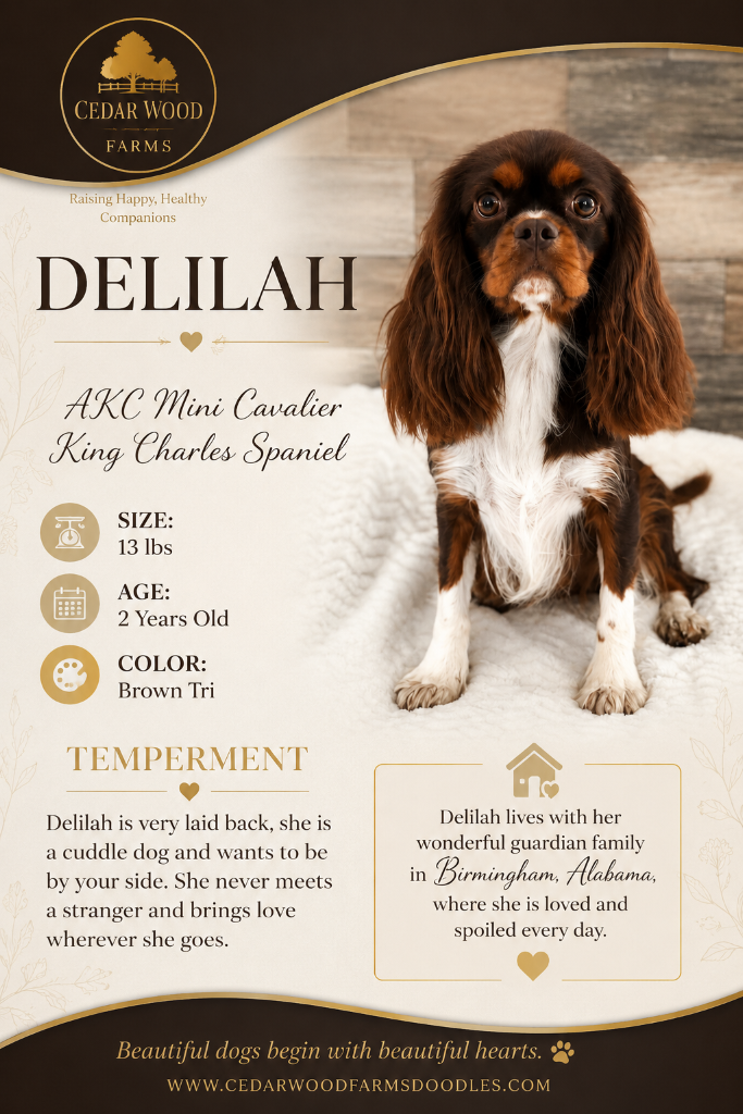 Delilah — a Brown Tri AKC Mini Cavalier King Charles Spaniel breeding mom at Cedar Wood Farms in Berry, Alabama