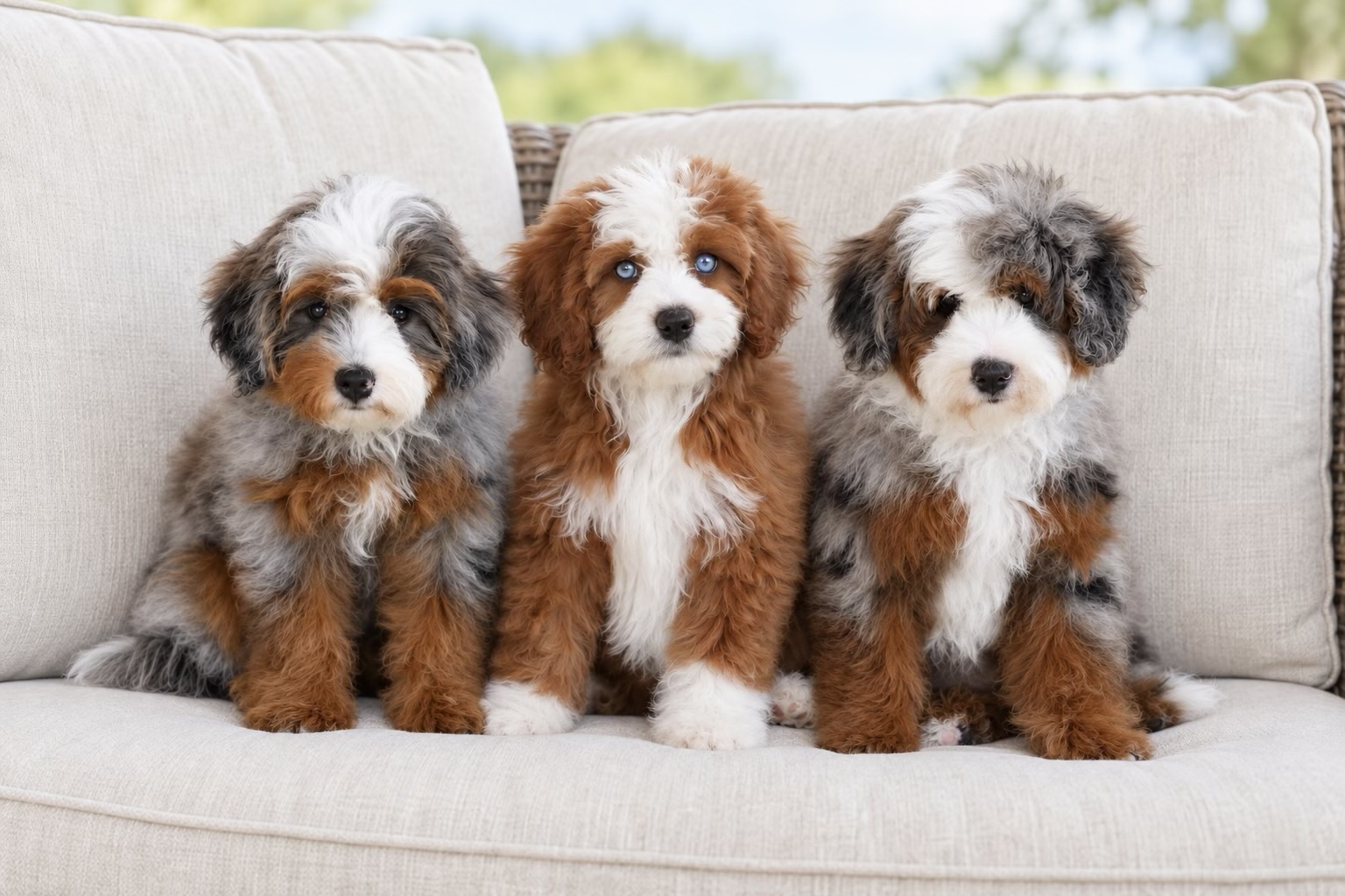 Three Cedar Wood Farms Bernedoodle puppies sitting together on a couch, ready for training