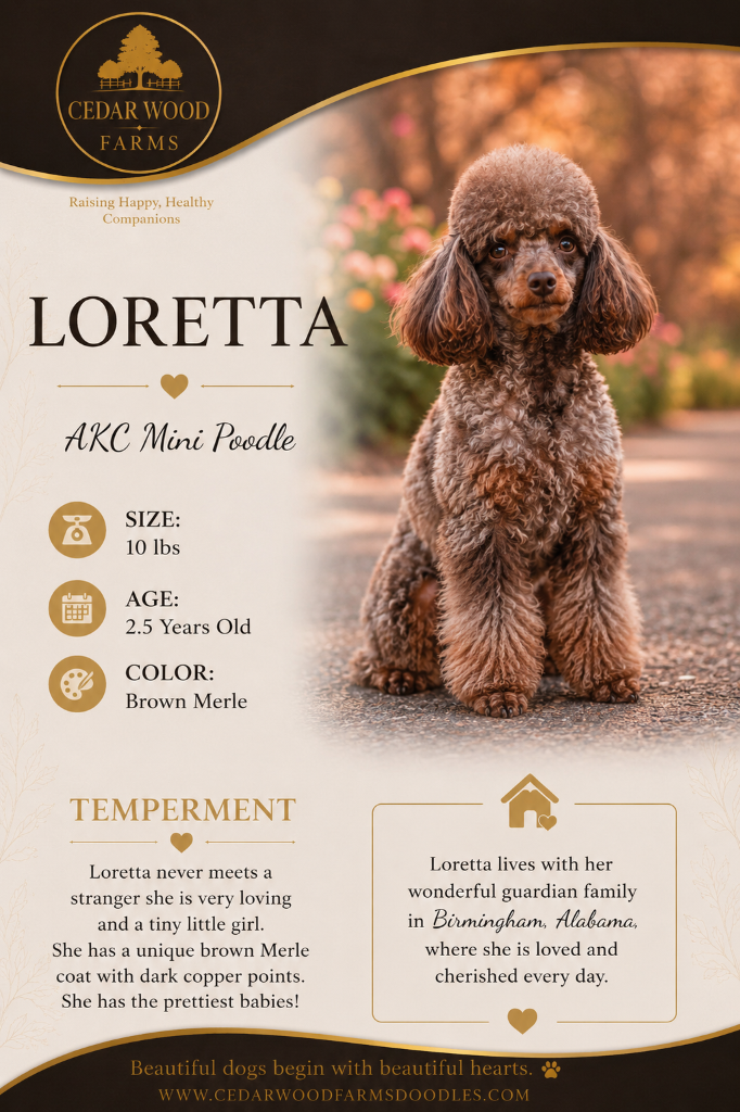 Loretta — a Brown Merle AKC Mini Poodle breeding mom at Cedar Wood Farms in Berry, Alabama