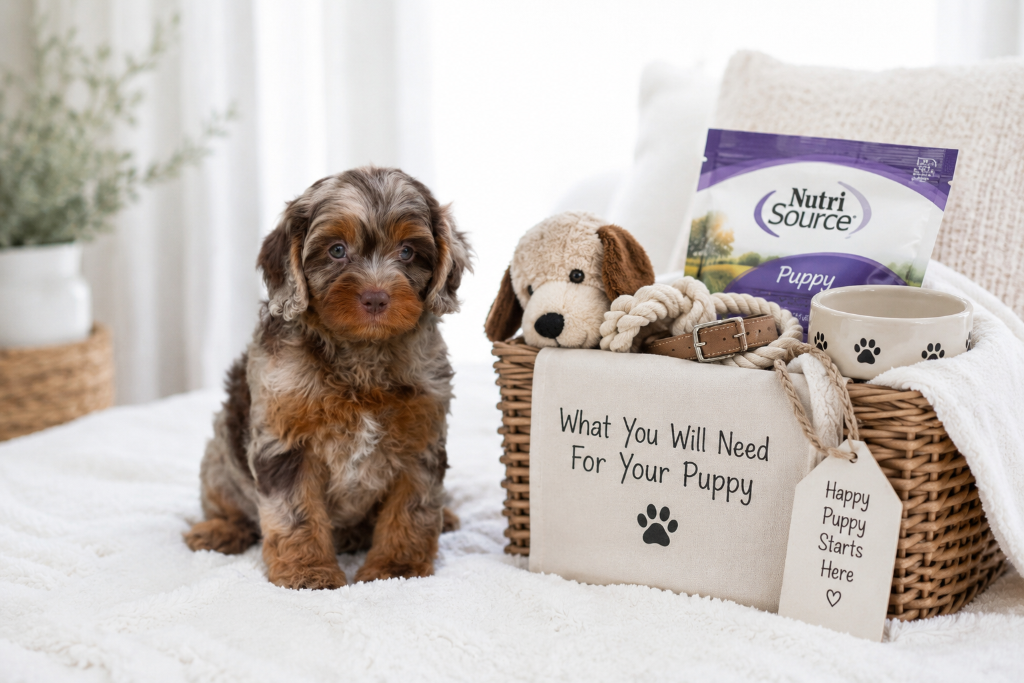 A merle Cedar Wood Farms puppy beside a basket of puppy essentials and a Happy Puppy Starts Here sign