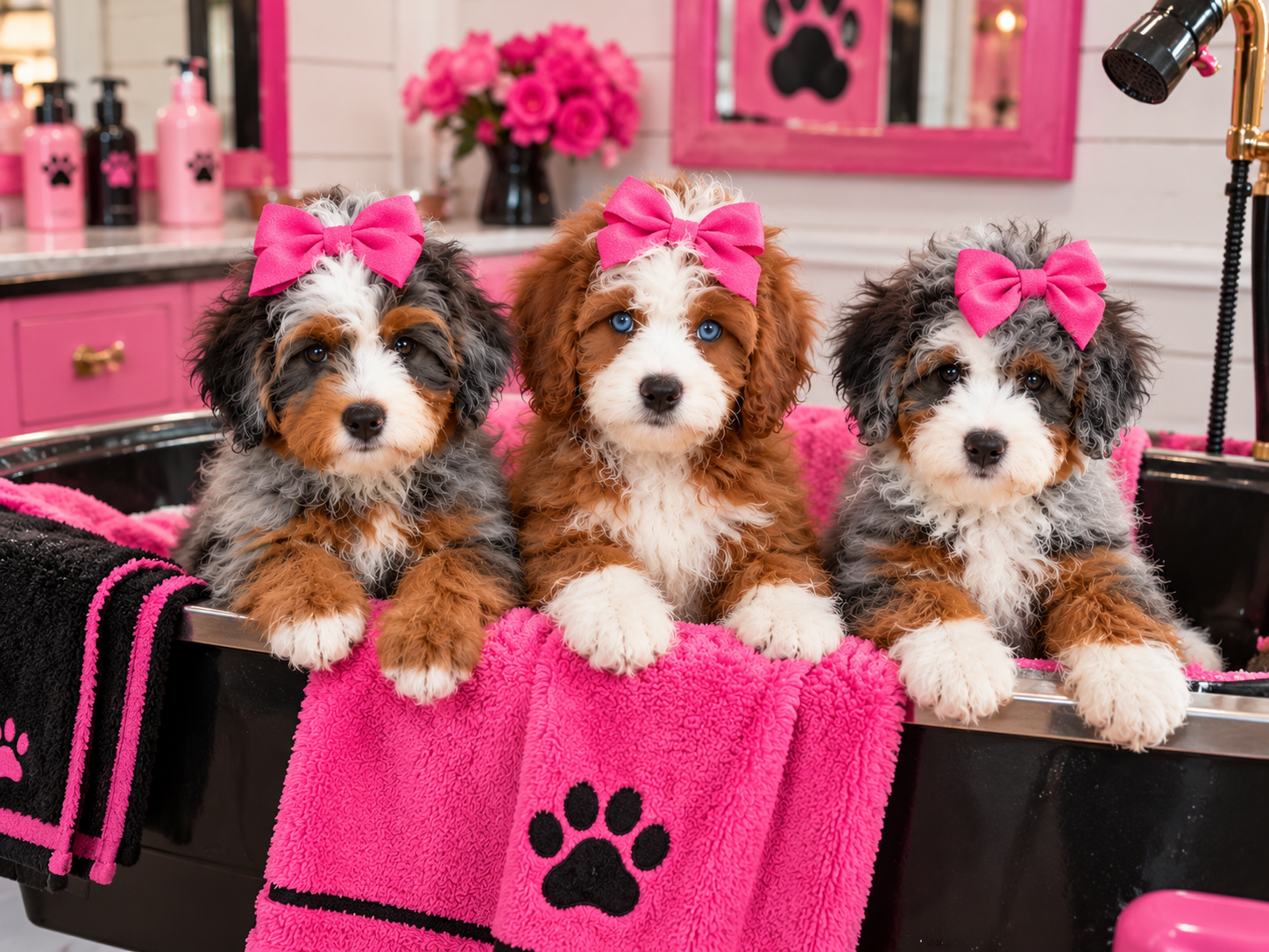 Three puppies with pink bows sitting in a grooming tub at Cedar Wood Farms