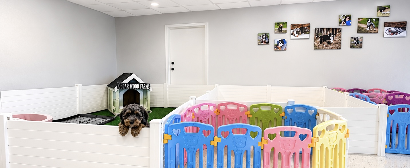 Colorful modular playpens where puppies explore and play