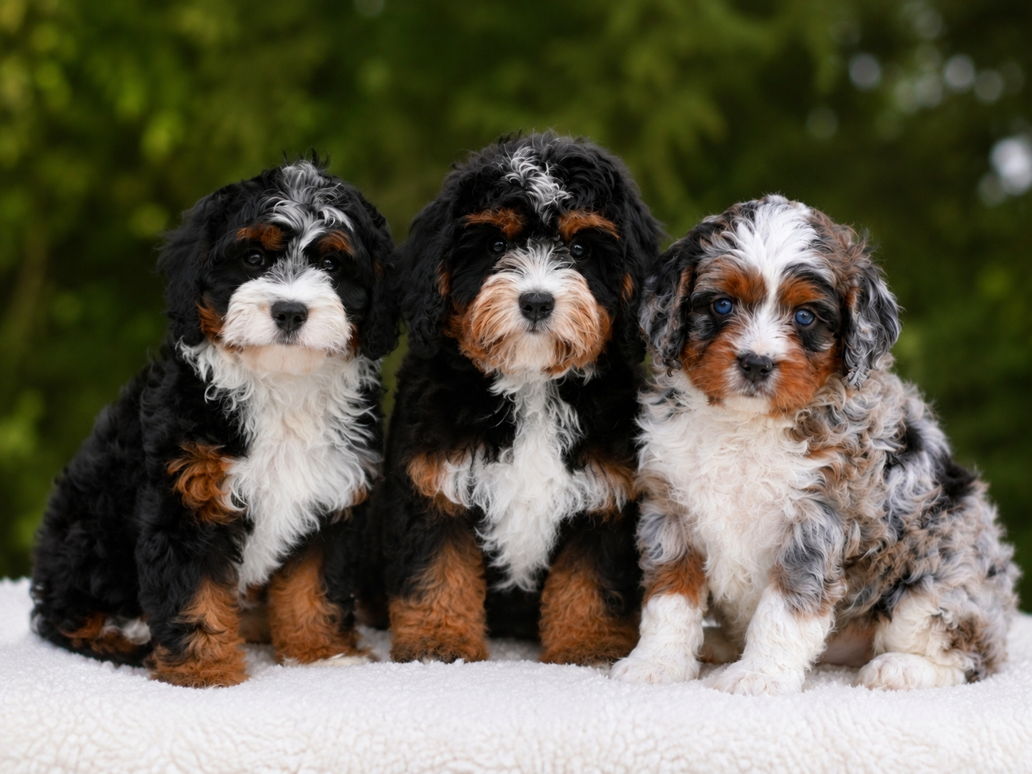 Three Bernedoodle puppies — a black-and-tan, a black-and-white, and a blue-eyed merle — sitting together on a white fleece blanket