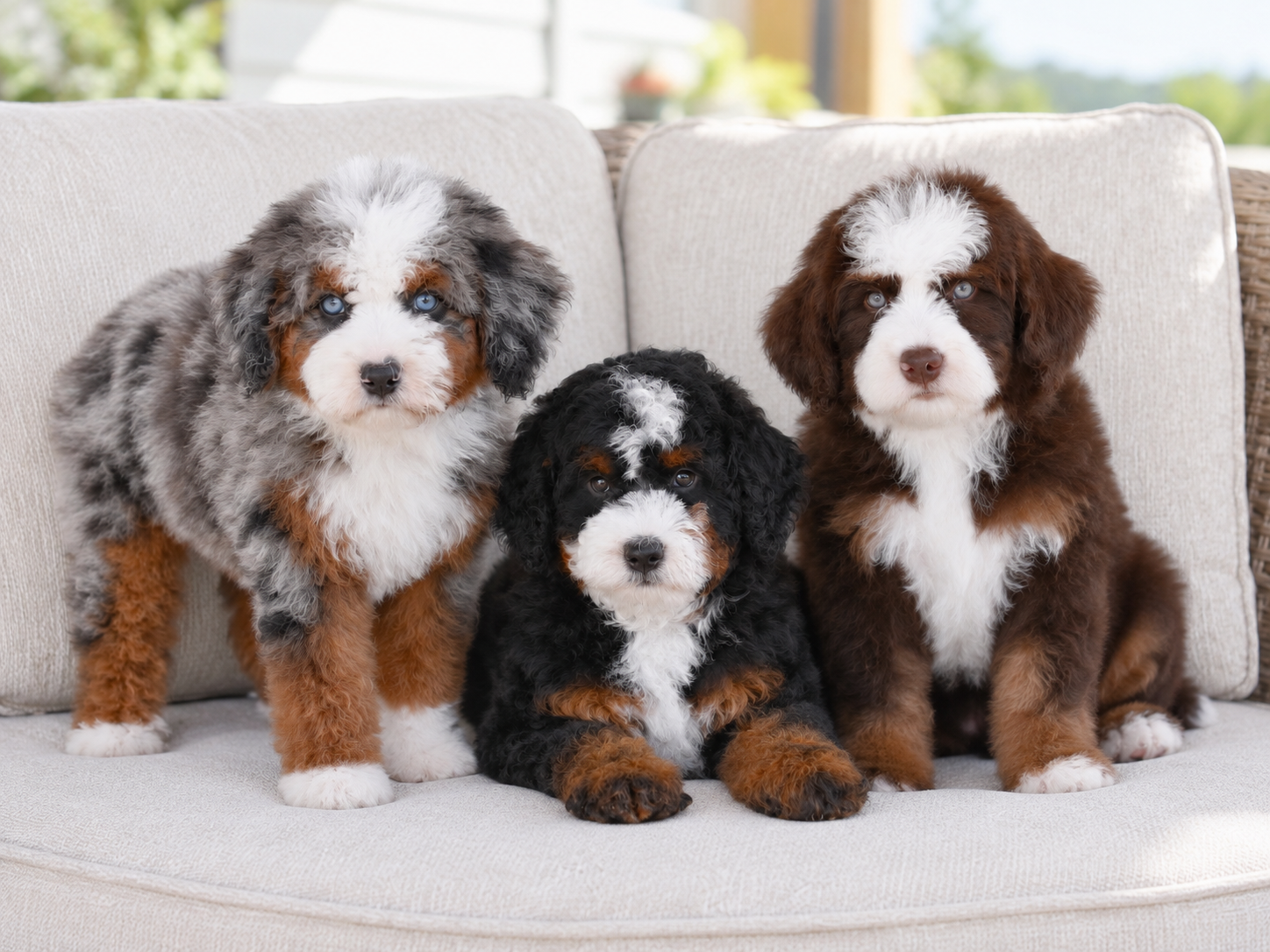 Three Bernedoodle puppies sitting side by side on a sofa at Cedar Wood Farms