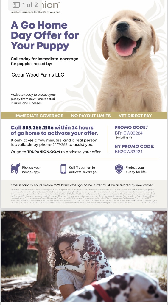 Trupanion Go Home Day offer for Cedar Wood Farms puppies — activate pet insurance before pickup. Promo code BR1CW33224 (NY: BR2CW33224).