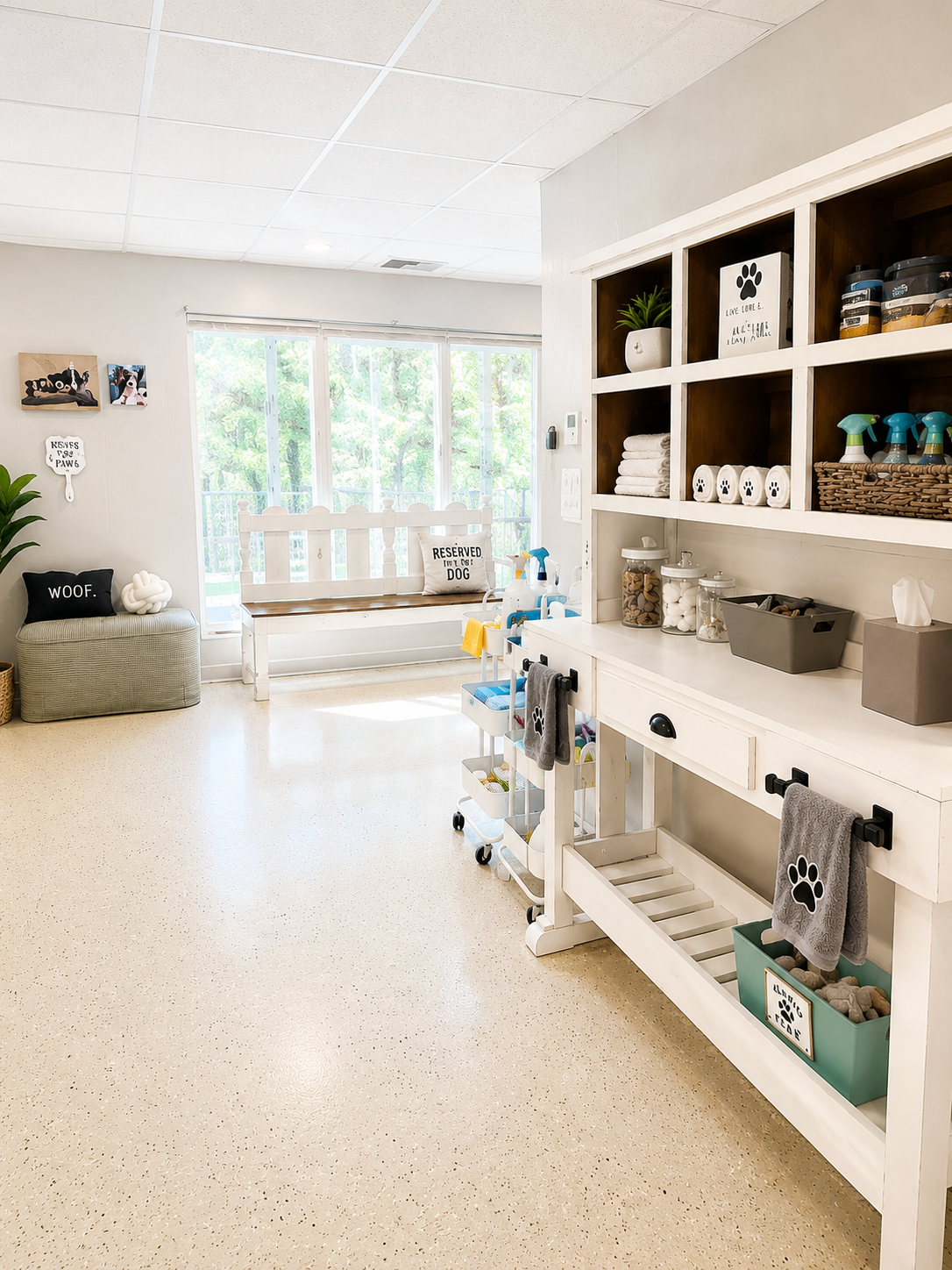 Storage carts stocked with towels, puppy pads, and cleaning supplies