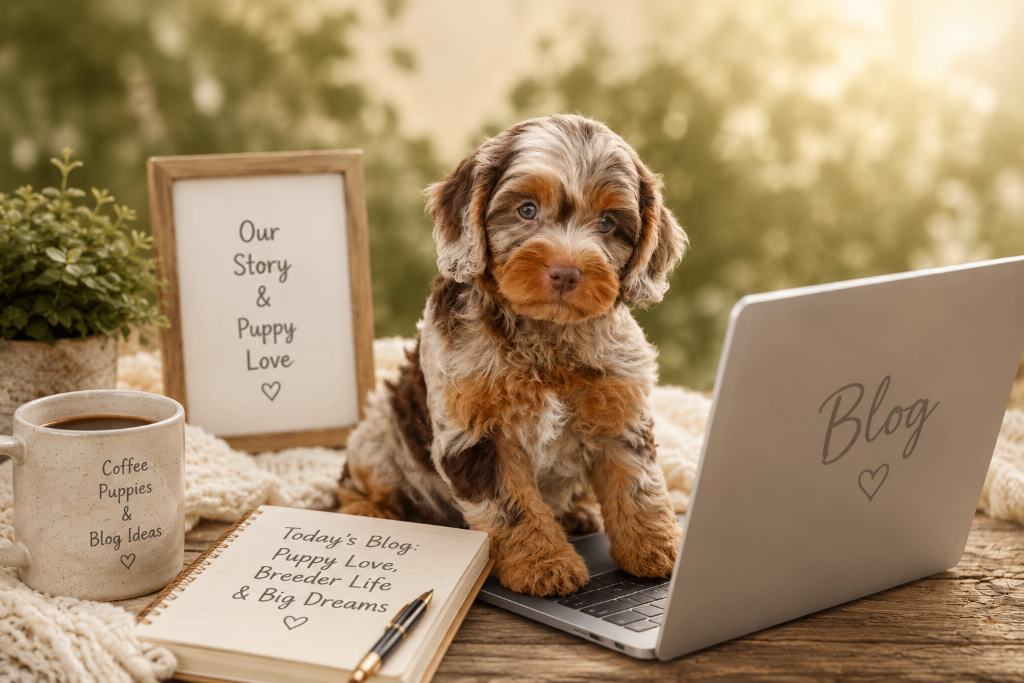 A merle Cedar Wood Farms puppy sitting at a laptop on a wooden table with coffee and a notebook, reading Today's Blog Puppy Love Breeder Life and Big Dreams