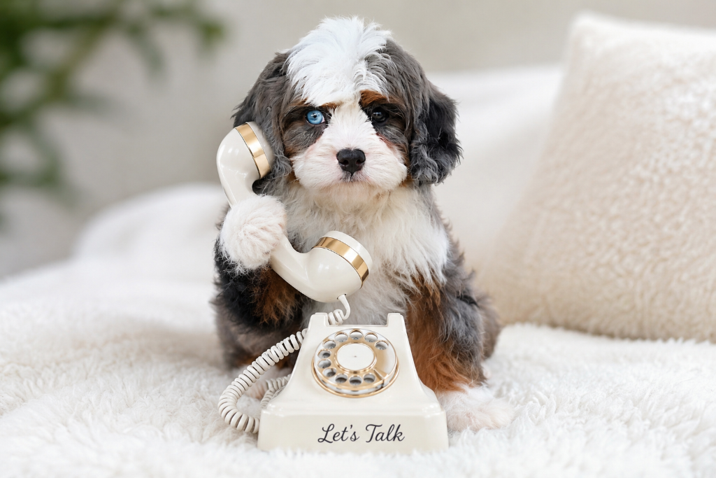 A tricolor Cedar Wood Farms puppy holding a vintage rotary phone that reads Let's Talk