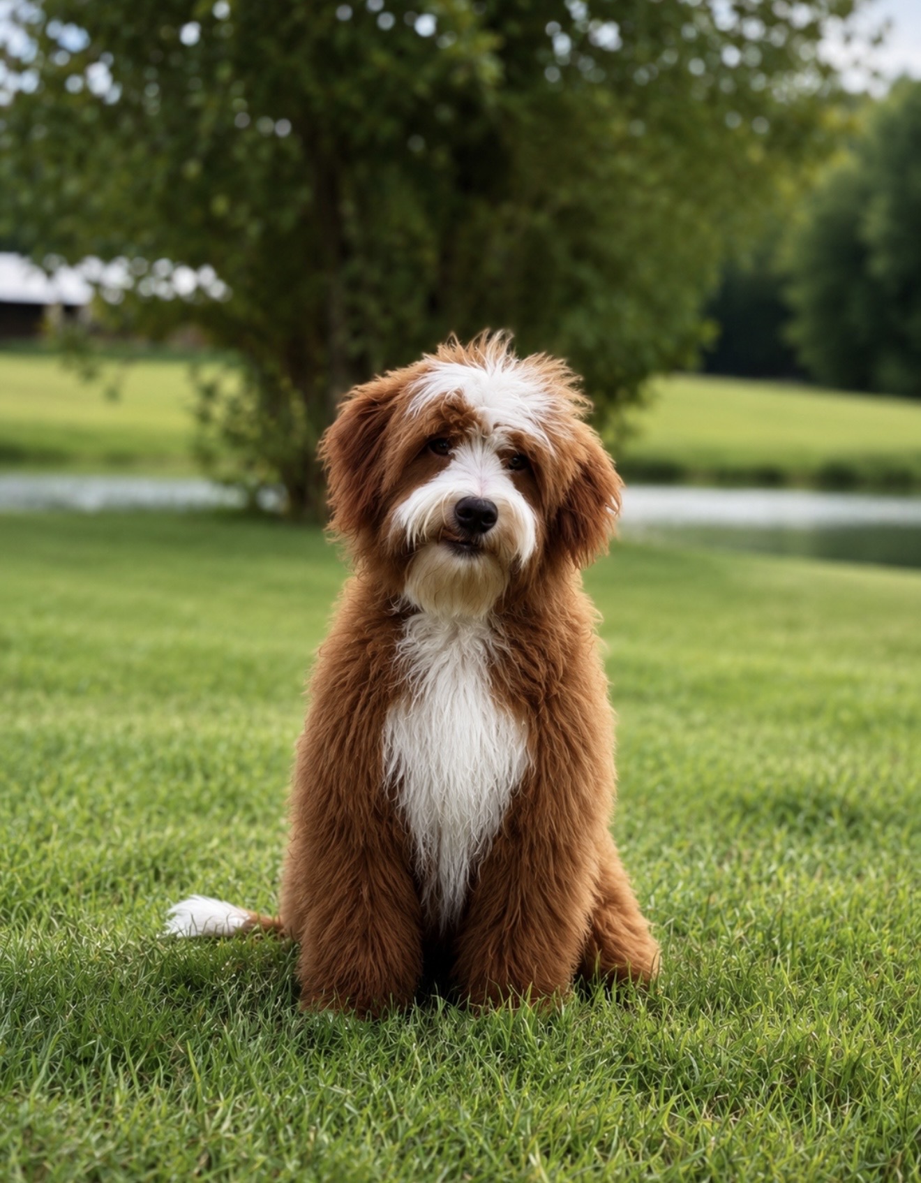 Red tuxedo parti puppy with white blaze, chest patch, and white tail tip sitting on grass near a pond