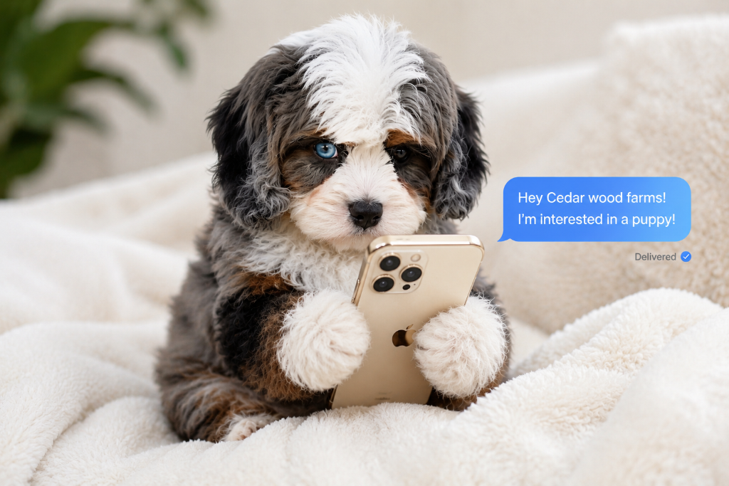 A tricolor Cedar Wood Farms puppy holding a phone with a message reading Hey Cedar Wood Farms, I'm interested in a puppy
