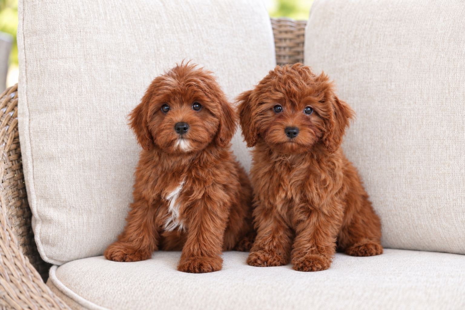 Two red Cavapoo puppies sitting together on a cushion at Cedar Wood Farms