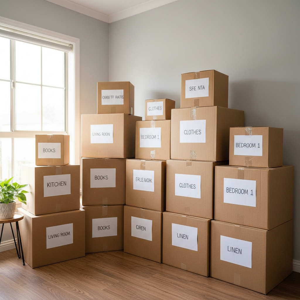 Cajas etiquetadas y organizadas por cuarto