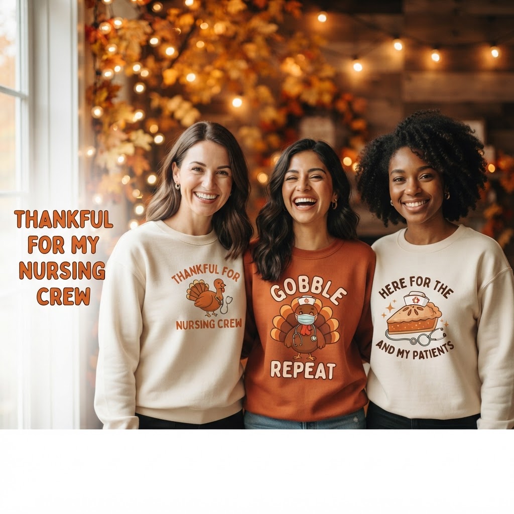 Models wearing Thanksgiving nursing sweatshirts