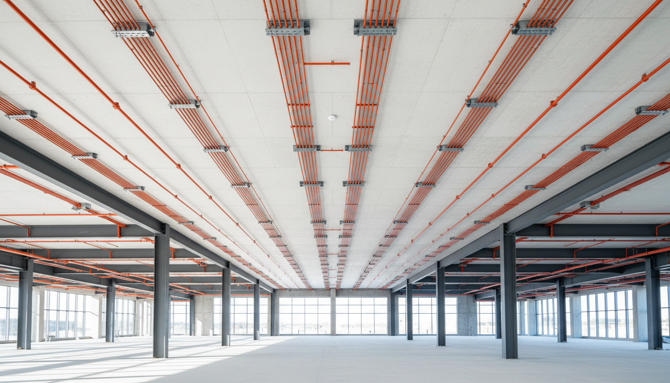 Moderne Elektroinstallation mit perfekt ausgerichteten Kabelkanälen in einem Neubau