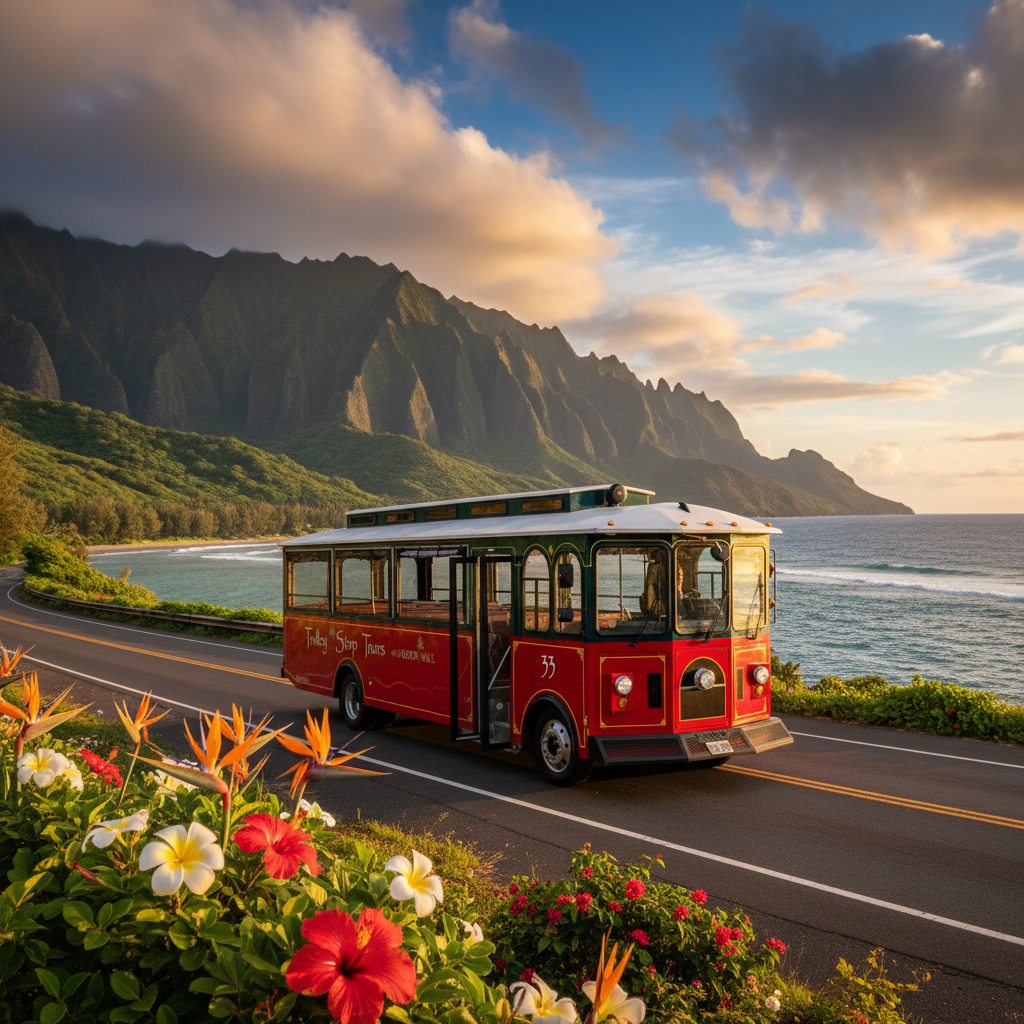 Vintage trolley on Kauai road