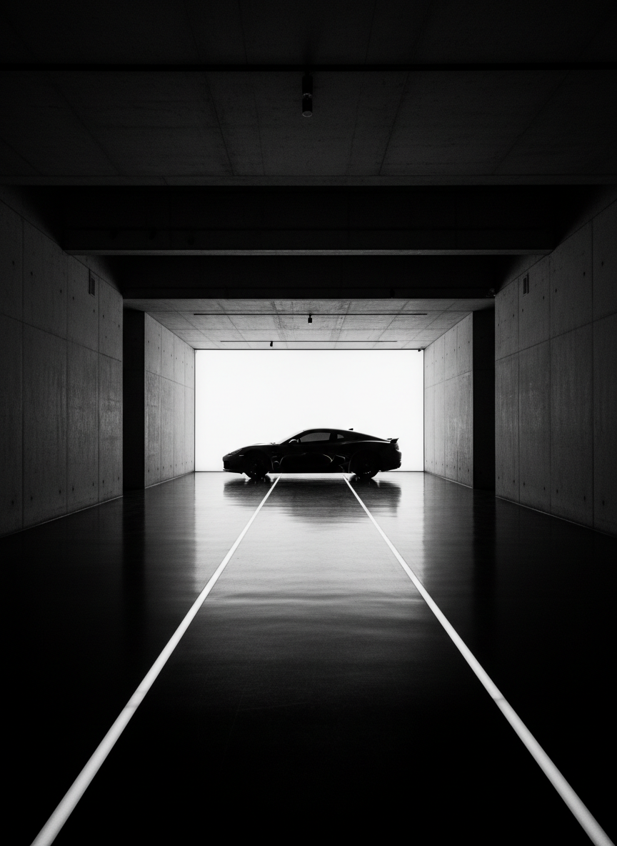High contrast monochrome Saad Motors gallery interior with a vehicle silhouette