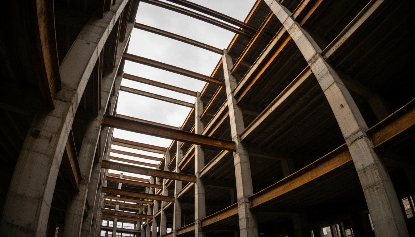 Structural steel frame construction under dramatic lighting