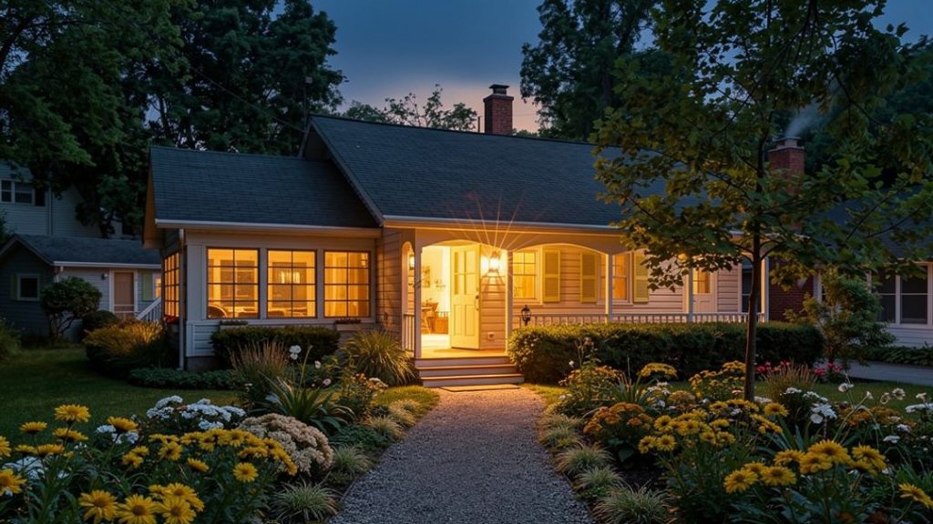 A small cozy cottage at dusk with warm glowing windows, open porch door, and a flower garden path