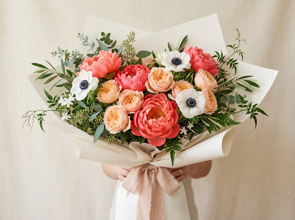 Included flowers — Sunset Coral Anemone Bouquet & Jasmine Moon Trio
