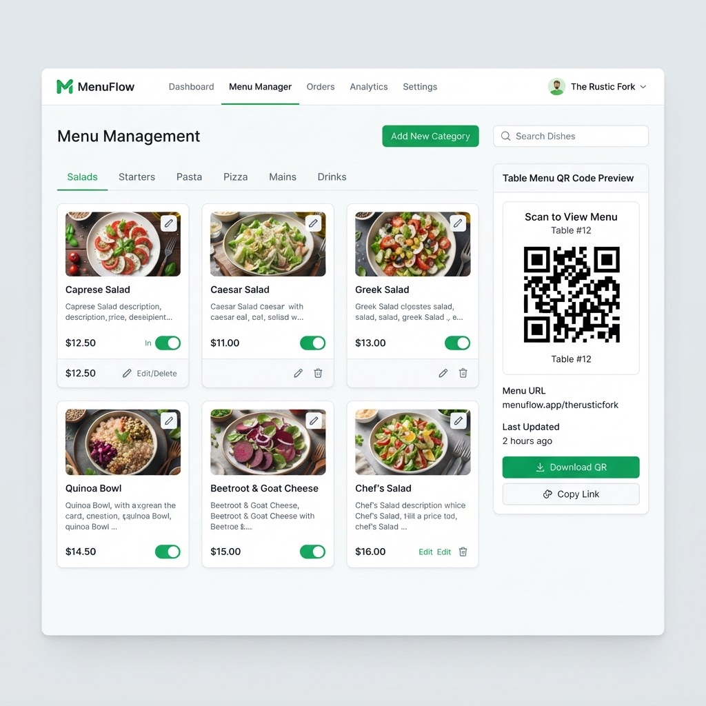 Dashboard διαχείρισης μενού εστιατορίου με προεπισκόπηση QR