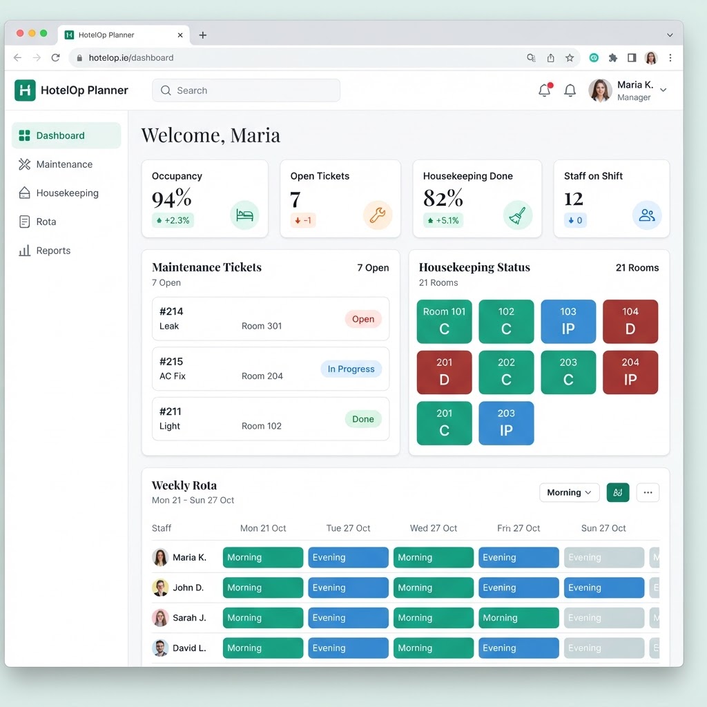 Dashboard λειτουργίας HotelOp Planner