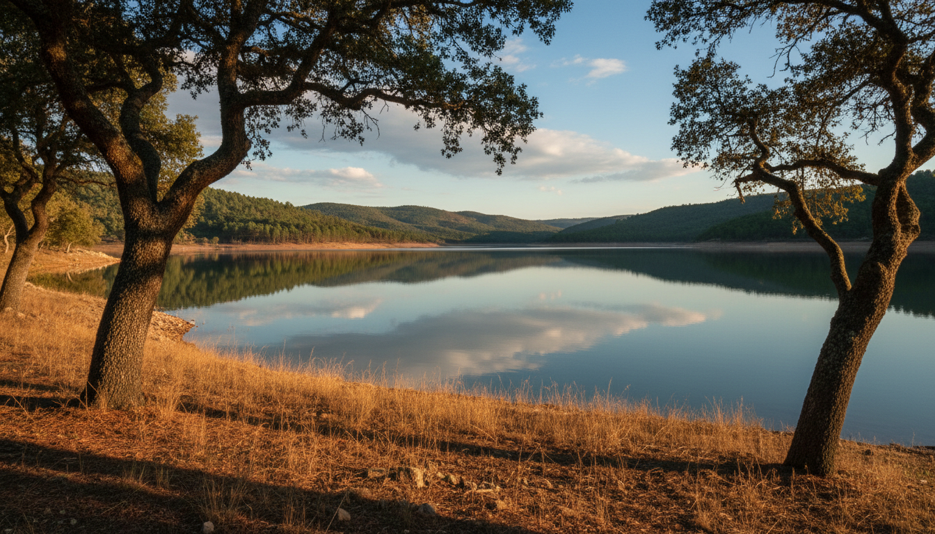 Lago Apartadura at dawn with pine-forested hills reflected in crystal clear water