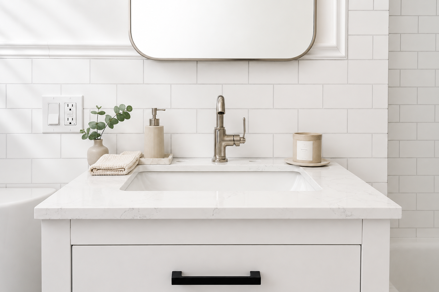 White oak bath vanity with marble top, framed nickel mirror, and brushed-nickel widespread faucet