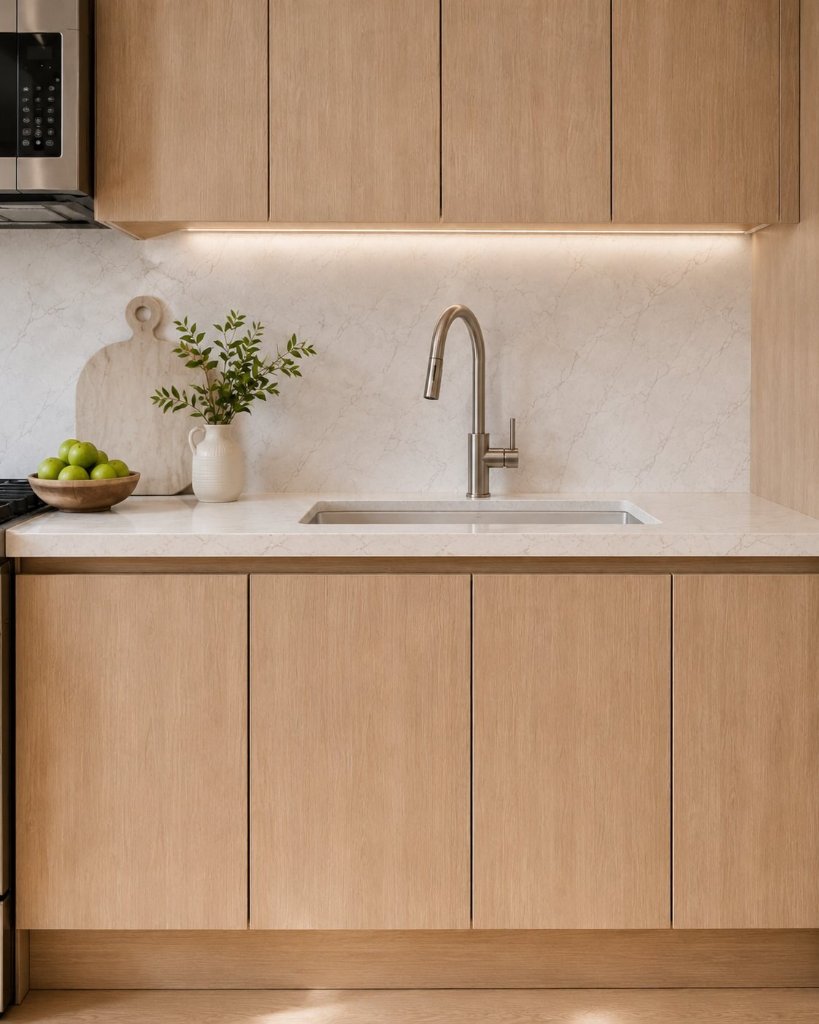 Stone counter, white oak cabinetry, and brushed-nickel fixtures