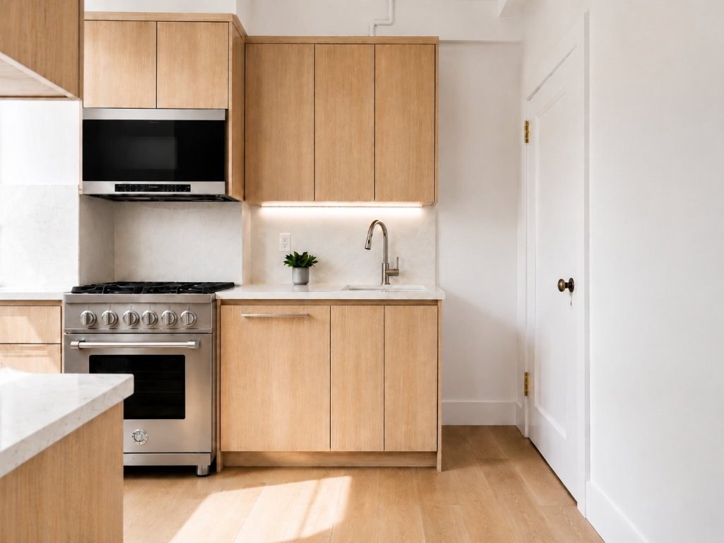 Full kitchen with white oak cabinetry, pro-style gas range, marble backsplash, and undermount sink