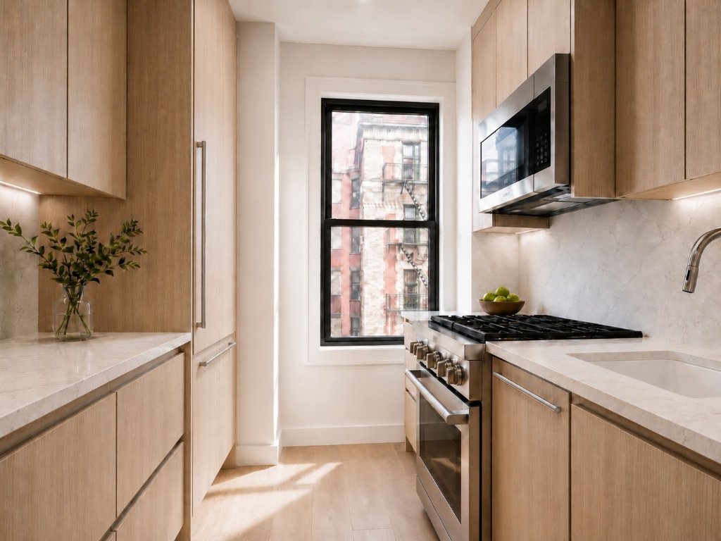 Galley kitchen with black double-hung window and city view